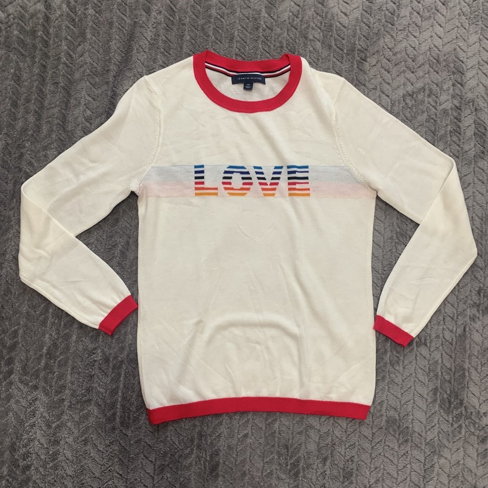 Tommy Hilfiger Women's Small Lightweight Crewneck Sweater Pullover Love Rainbow‎
